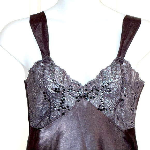 Vtg Victoria's Secret Gray Satin Lace Sequin Trim Long Nightgown Slip Dress L - Picture 2 of 10